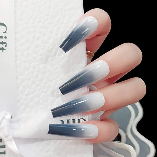 White Press On Nails Gray Ombre Glossy Coffin Nail Kit