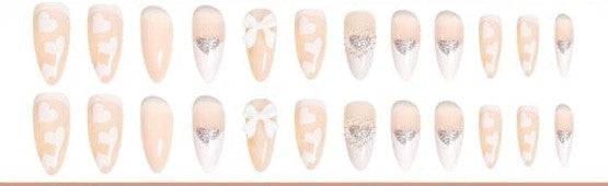 White Press On Nails Heart French Glossy Coffin Crystal Nail Kit