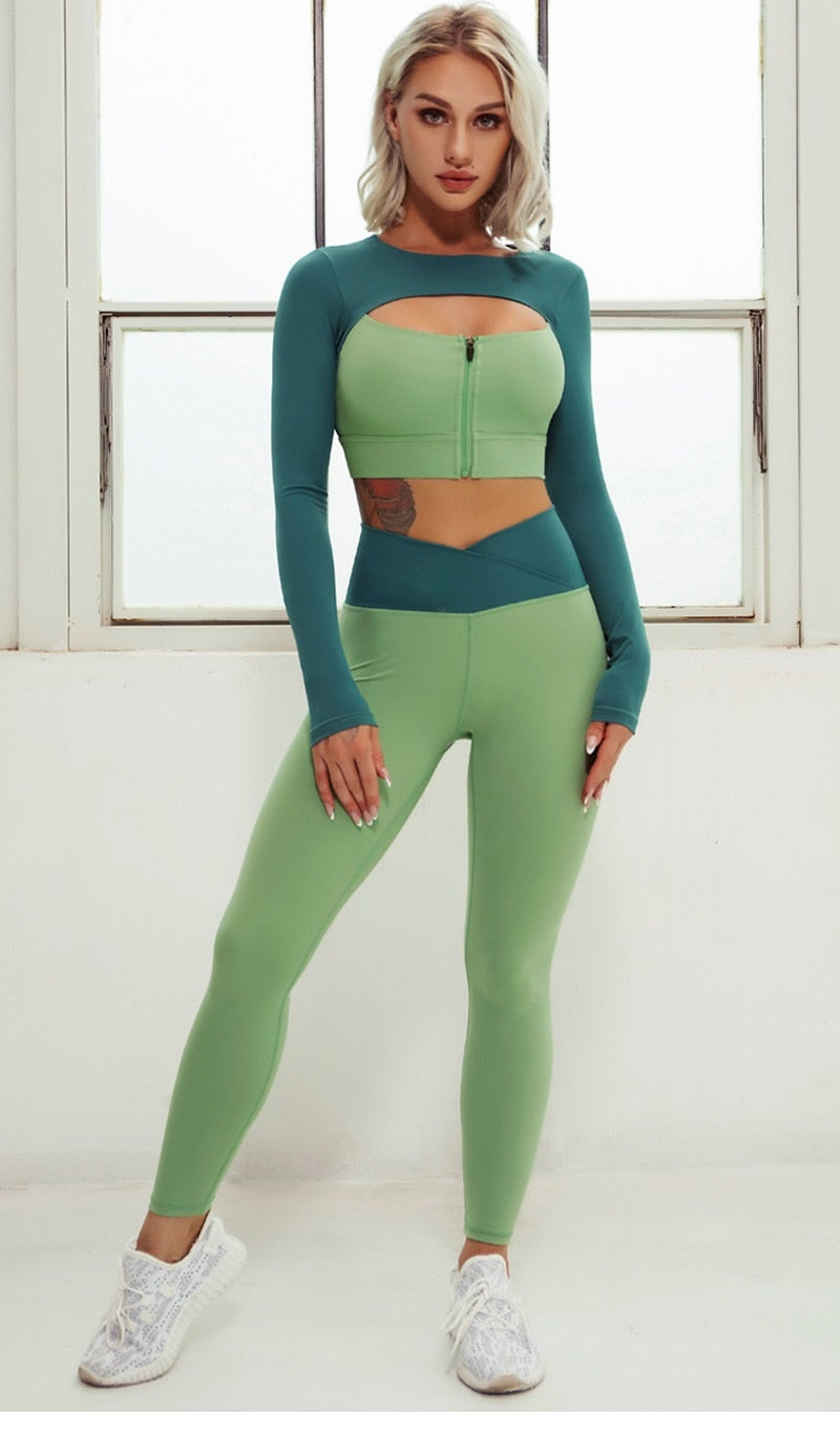 React PREMIUM Seamless Full Sleeve Sports Crop Legging Set - Green