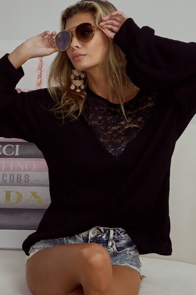 Leone Lace Ribbed Long Sleeve Top - Black