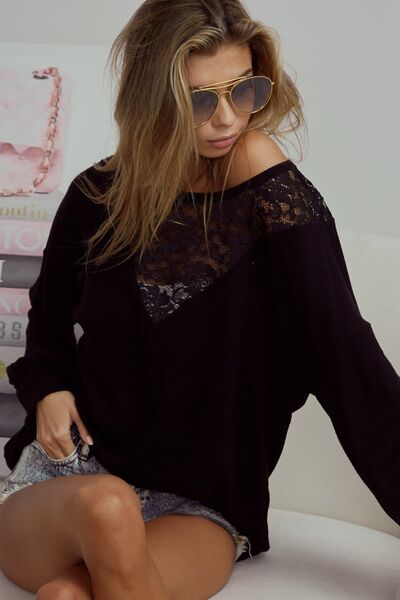 Leone Lace Ribbed Long Sleeve Top - Black