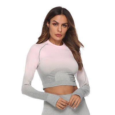 React Seamless Ombre Sleeved Crop - Light Pink/Grey