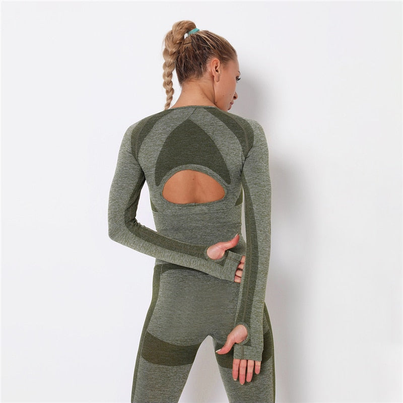 React LUXE Seamless Sleeve Sports Crop - Army Green