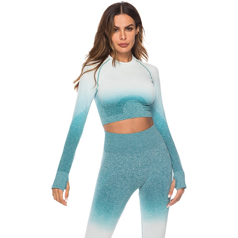 React Seamless Ombre Sleeved Crop - Teal