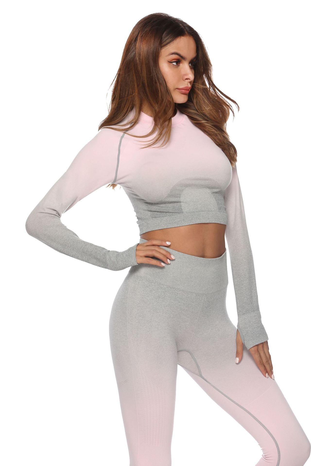 React Seamless Ombre Sleeved Crop - Light Pink/Grey