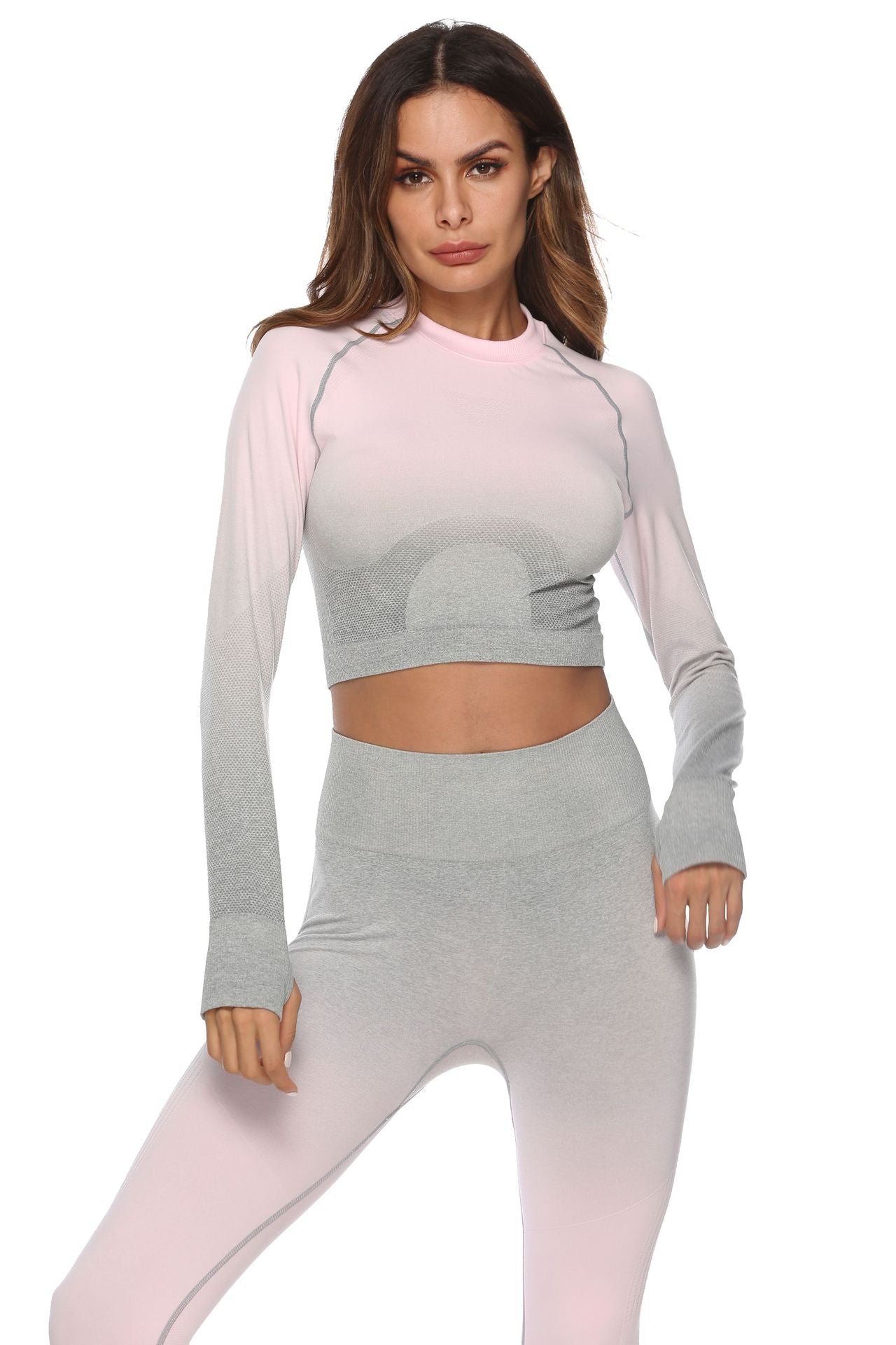 React Seamless Ombre Sleeved Crop - Light Pink/Grey