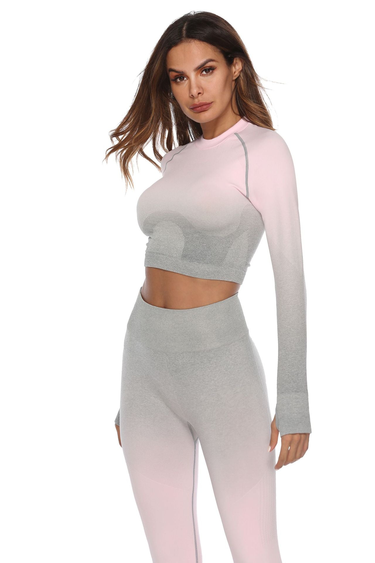 React Seamless Ombre Sleeved Crop - Light Pink/Grey